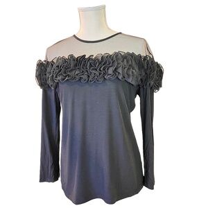 #A045  Gracia Romantic Edge Evening Glamour Ruffle  Mesh yoke Black Top NWT  XL